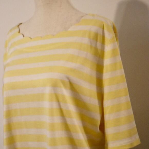 Talbots NWT XL Pima Cotton Tee Yellow White Stripe Scallop Neck Soft Top - Picture 3 of 10
